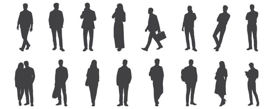 Architectural Drawings modern people standing in various casual and professional poses silhouette vector illustration, front view, human person Minimal style hand drawn. 