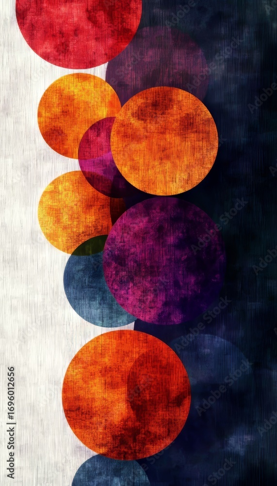 Poster vibrant abstract composition with colorful circles and geometric shapes on a textured background