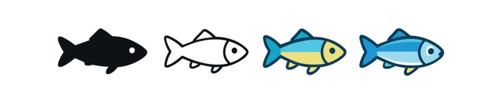 Vector icon sardine fish same pose same proportions four styles black solid glyph outline minimal flat multicolor filled cartoon flat shaded.