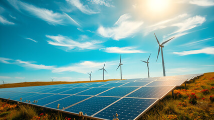 Solar arrays leading to wind turbines, smart grid transition scene.