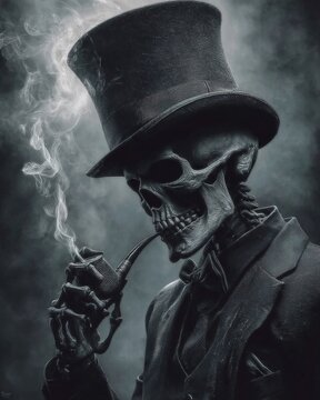 Skeleton smoking a pipe over full moon background. Generative Ai