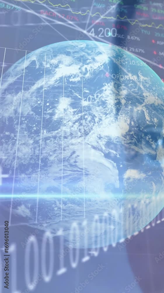 Poster animation of globe and data processing over woman's face in background