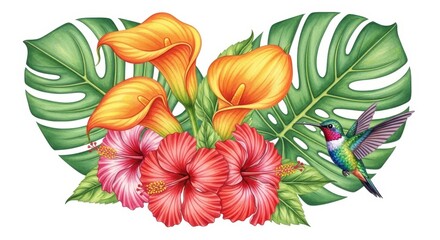 Tropical floral paradise: Brightly colored flowers of different types in a vibrant composition including a hovering hummingbird, creating an enchanting nature-inspired illustration.