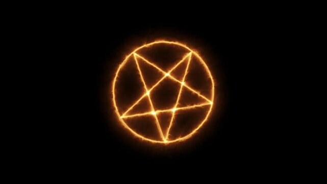 Mystical bright neon fire effect pentacle or inverted pentagram in circle on black background.