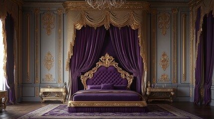 Elegant purple palace bedroom interior and luxurious bed in a historic setting