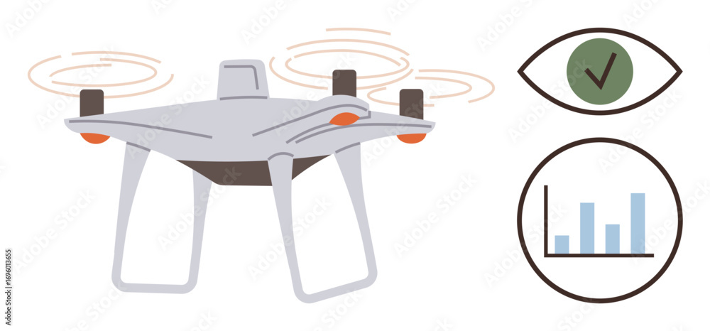 Poster quad quadcopter with spinning propellers alongside analytics chart and checkmark icons emphasizing s