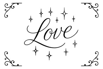 Obraz premium Bright thin line calligraphy radiant minimal strokes surrounded by sparkles centered with corner ornaments clean white background vector look high contrast.