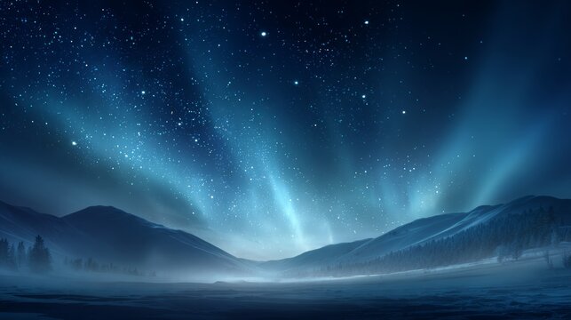 Magical winter night sky, glowing stars forming subtle Christmas shapes, aurora borealis shimmer, snowy hills at the bottom, dreamy composition with empty space in the middle for text, 16:9
