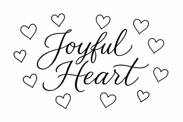 Joyful Heart thin line calligraphy with light romantic flow surrounded by glowing hearts horizontal balanced layout clean white background vector look high contrast.