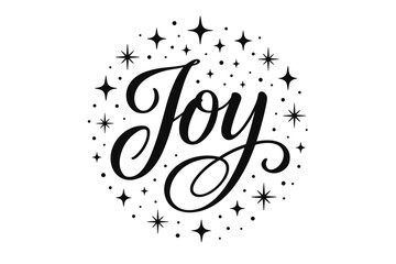 Joy elegant calligraphy lettering flowing cheerful style surrounded by festive sparkles circular frame composition clean white background vector look high contrast.