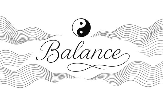 Pure thin line calligraphy minimal spiritual balance surrounded by abstract waves horizontal balanced layout clean white background vector look high contrast.