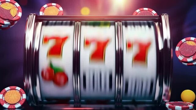 Casino slot machine showing lucky sevens and chips rotating on a blurred background with bokeh