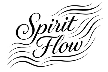 Spirit Flow elegant calligraphy lettering spiritual softness surrounded by abstract waves diagonal decorative composition clean white background vector look high contrast.