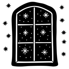 Hand Drawn Window View of a Snowy Night with Falling Snowflakes and Stars Black and White Illustration