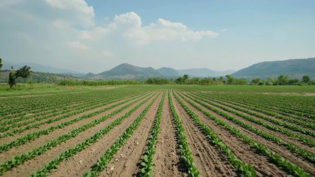 Perfectly straight rows of young sugar beet plants growing in a fertile field, with mountains and a cloudy sky in the background