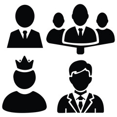  A collection of four black silhouette icons representing different business and professional roles, including a leader, a group of people, a king or monarch, and an executive.