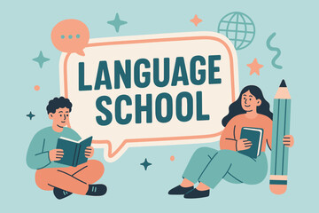 Language School banner flat vector illustration bold oversized text inside outline cartoon characters sitting with books and pencils pastel colors in powder blue pale coral mint green high.