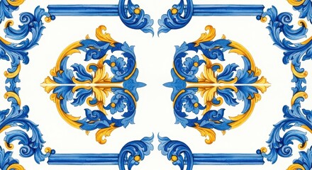 Antique Tile Pattern: A symmetrical close-up of an antique tile, featuring an intricate design of blue and gold floral elements that create a captivating and ornate pattern.