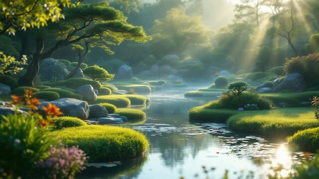 Serene Japanese garden with gentle mist rising from a tranquil pond and sunbeams filtering through lush trees, evoking peace and natural beauty.