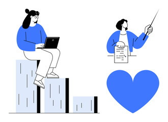 Woman analyzing growth on bar chart, person presenting data, and a heart symbol. Ideal for teamwork, data analysis, personal growth, business strategy, leadership, education simple landing page