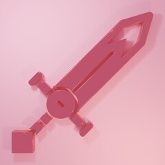 Pink Medieval sword icon isolated on pink background. Medieval weapon. Minimalism concept. 3D render illustration