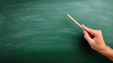 Hand Holding Wooden Pointer On Green Chalkboard