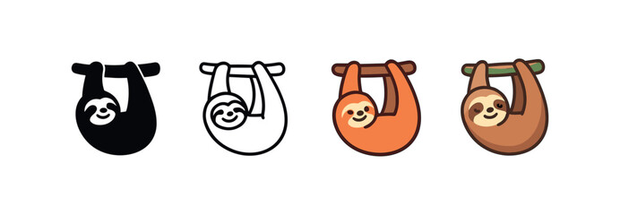 Vector icon sloth hanging same pose same proportions four styles black solid glyph outline minimal flat multicolor filled cartoon flat shaded.