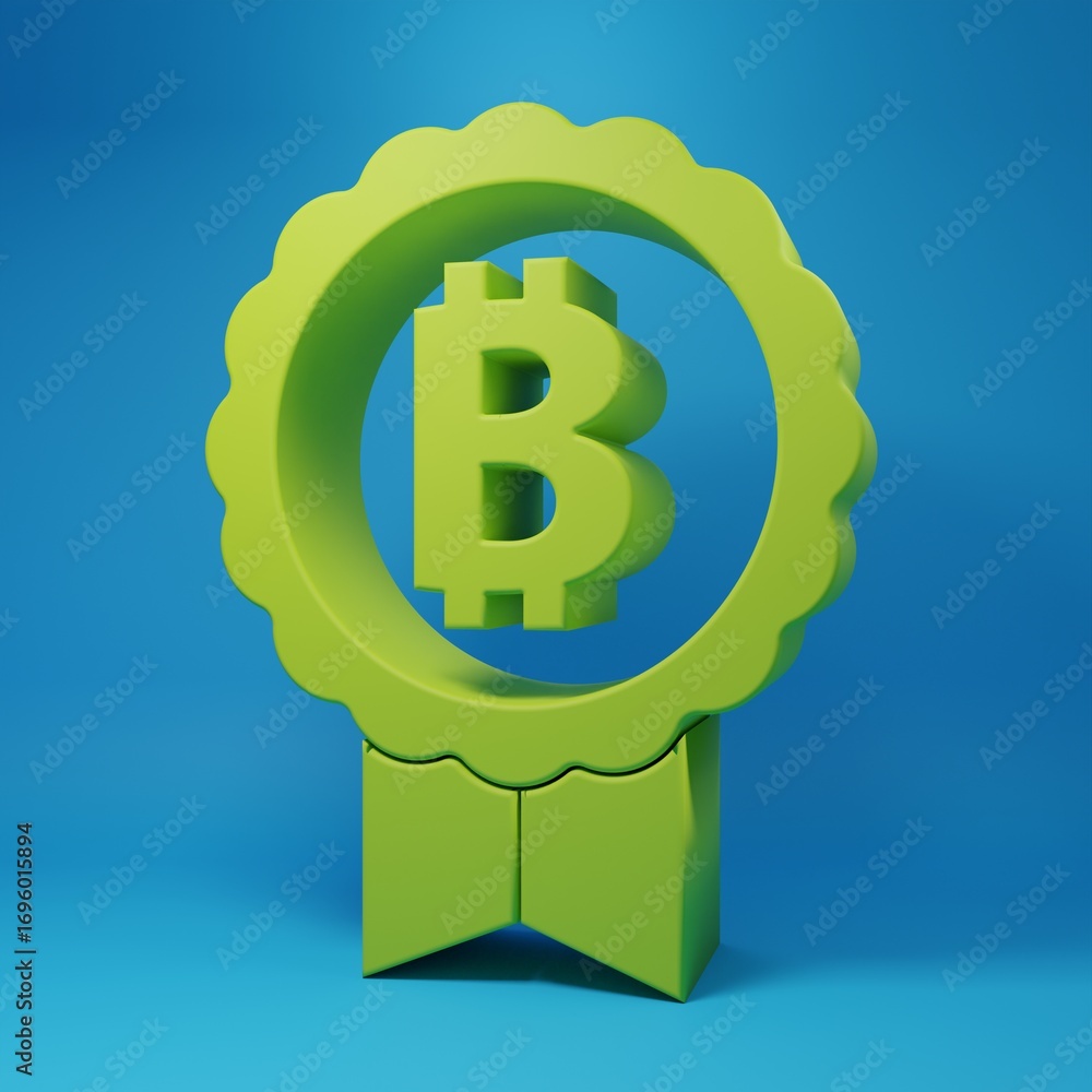 Poster Green Cryptocurrency coin Bitcoin icon isolated on blue background. Physical bit coin. Blockchain based secure crypto currency. Minimalism concept. 3D render illustration