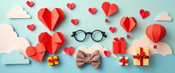 Origami hearts, clouds, air balloons, gifts, mustache, glasses, bow tie, Father's Day, social media, father