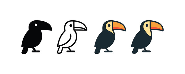 Obraz premium Vector icon toucan bird same pose same proportions four styles black solid glyph outline minimal flat multicolor filled cartoon flat shaded.