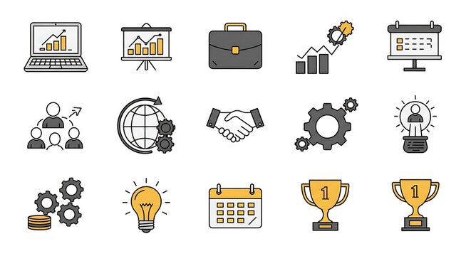 A comprehensive collection of monochrome vector icons representing business, finance, corporate management, and office communication concepts