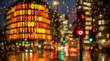 Raindrops on city glass, binary codes on building