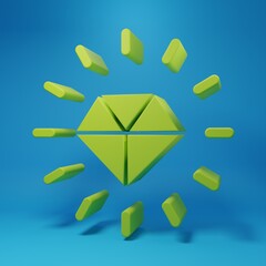 Green Diamond icon isolated on blue background. Jewelry symbol. Gem stone. Minimalism concept. 3D render illustration