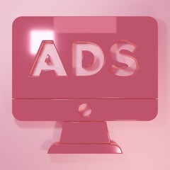 Pink Advertising icon isolated on pink background. Concept of marketing and promotion process. Responsive ads. Social media advertising. Minimalism concept. 3D render illustration