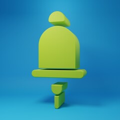 Green Ringing alarm bell icon isolated on blue background. Fire alarm system. Service bell, handbell sign, notification symbol. Minimalism concept. 3D render illustration