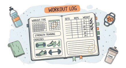 A hand-drawn illustration of a fitness journal for tracking strength training and planning weekly exercise routines