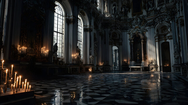 Experience the grandeur of a dimly lit historic hall, illuminated by flickering candlelight on a polished marble floor.