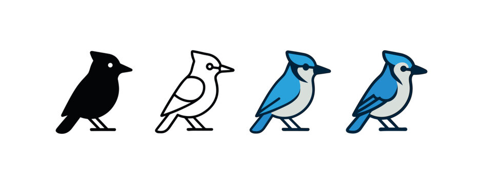 Vector icon blue jay bird same pose same proportions four styles black solid glyph outline minimal flat multicolor filled cartoon flat shaded.