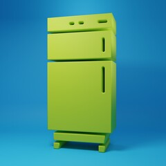 Green Refrigerator icon isolated on blue background. Fridge freezer refrigerator. Household tech and appliances. Minimalism concept. 3D render illustration