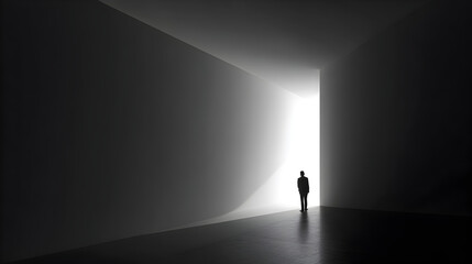 Lone businessman stands at the threshold of bright, unknown future with dramatic contrast and minimalist design