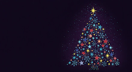 Colorful Christmas Tree Made of Stars and Snowflakes on Transparent Background