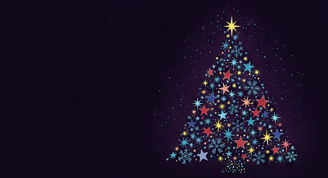 Colorful Christmas Tree Made of Stars and Snowflakes on Transparent Background