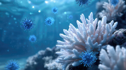 Coral reef underwater ocean marine bleaching virus blue sea nature environmental showing vibrant yet threatened coral reef visible bleaching virus particles evoking concern