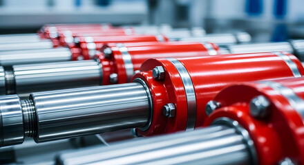 High precision industrial hydraulic cylinders manufacturing process automation machinery technology engineering equipment components parts red metal steel chrome