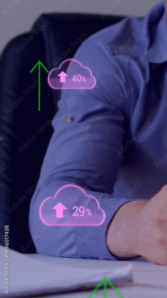 Poster animation of digital icons over man using smartphone