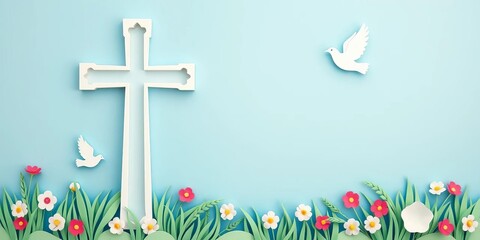 Paper cut Christian cross banner, risen Easter theme; blue circle, doves ,  risen,  symbol