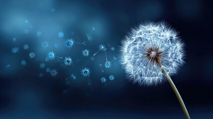Dandelion seed head dispersing seeds wind blue background soft focus nature delicate airy peaceful symbolizing hope new beginnings closeup