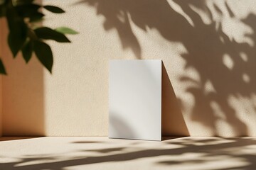 vertical business card mockup leaning against wall with shadow 
