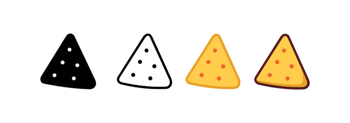 Vector icon nachos chips same pose same proportions four styles black solid glyph outline minimal flat multicolor filled cartoon flat shaded.