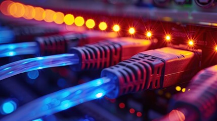 High-Resolution Macro Photo of Internet Network Cables in Ethernet Switch Ports